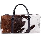 Luxurious Cowhide Duffel Bag for Men's and Women's - Large Size Unisex Travel Duffle Bag, Unique Leather Gym Bag Weekender Overnight Premium Quality Cow Hair on Duffle (Brown & White)