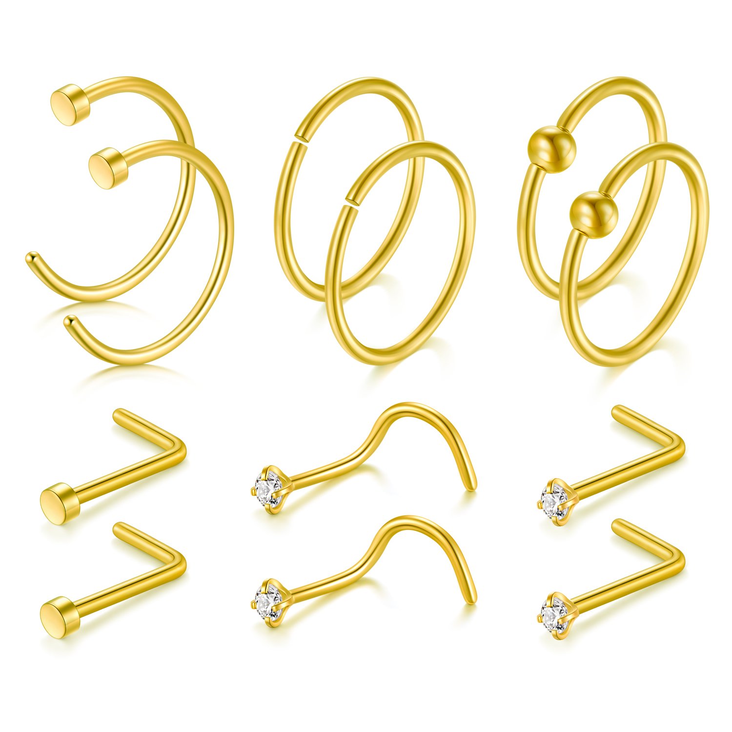 JFORYOU 12Pcs Gold Nose Ring Nose Studs Set 20G 316L Surgical Steel Nose Ring Nose Stud Nose Hoop — image 1