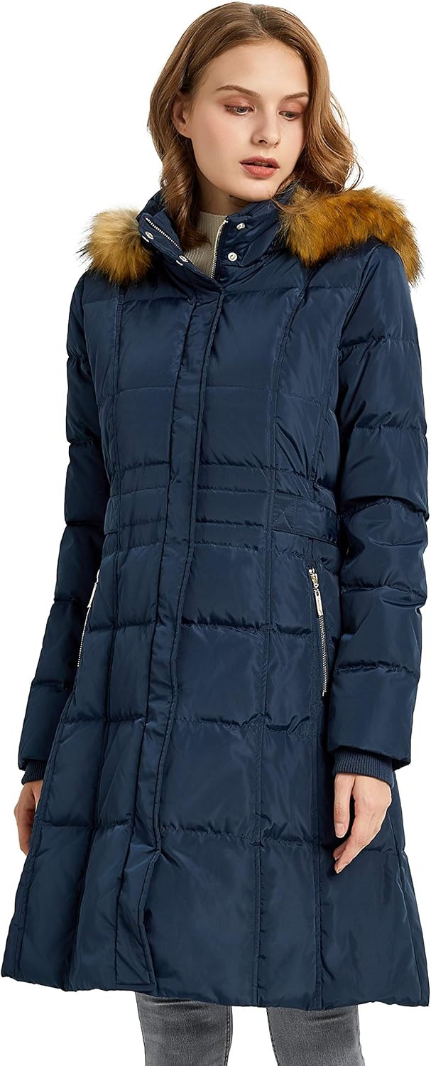 Orolay Quilted Down Jacket Women Winter Long Coat Puffer Jacket with Fur Hood: Clothing