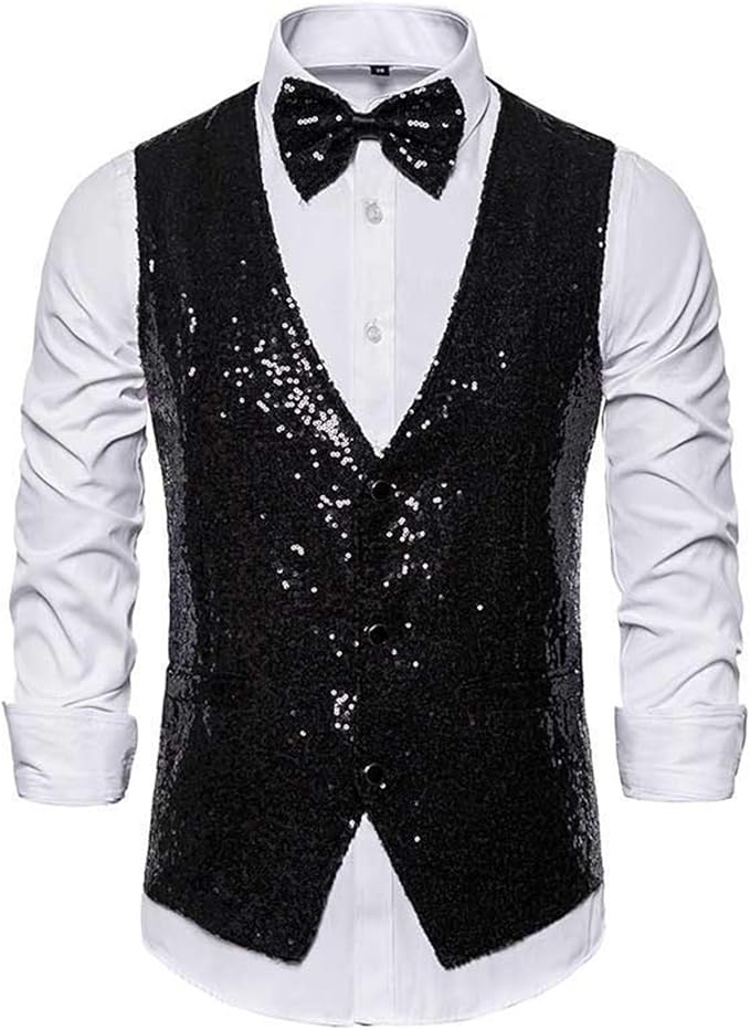 Mens Shiny Sequins Vests Silver Glitter Waistcoat Party Vest Bowtie