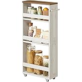 VASAGLE 4-Tier Slide-Out Storage Cart, Slim Kitchen Cart for Small Spaces, with Wheels, Handle, Bathroom, Laundry Room, 5.9 x 17 x 34.1 Inches, Rustic White and Honey Brown ULRC050K01