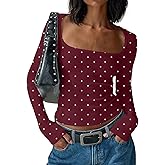 KIGRAD Women Y2k Polka Dot Graphic Scoop Neck Crop Baby Tee Tops Fall Aesthetic Slim Fitted Long Sleeve Jersey Tshirts