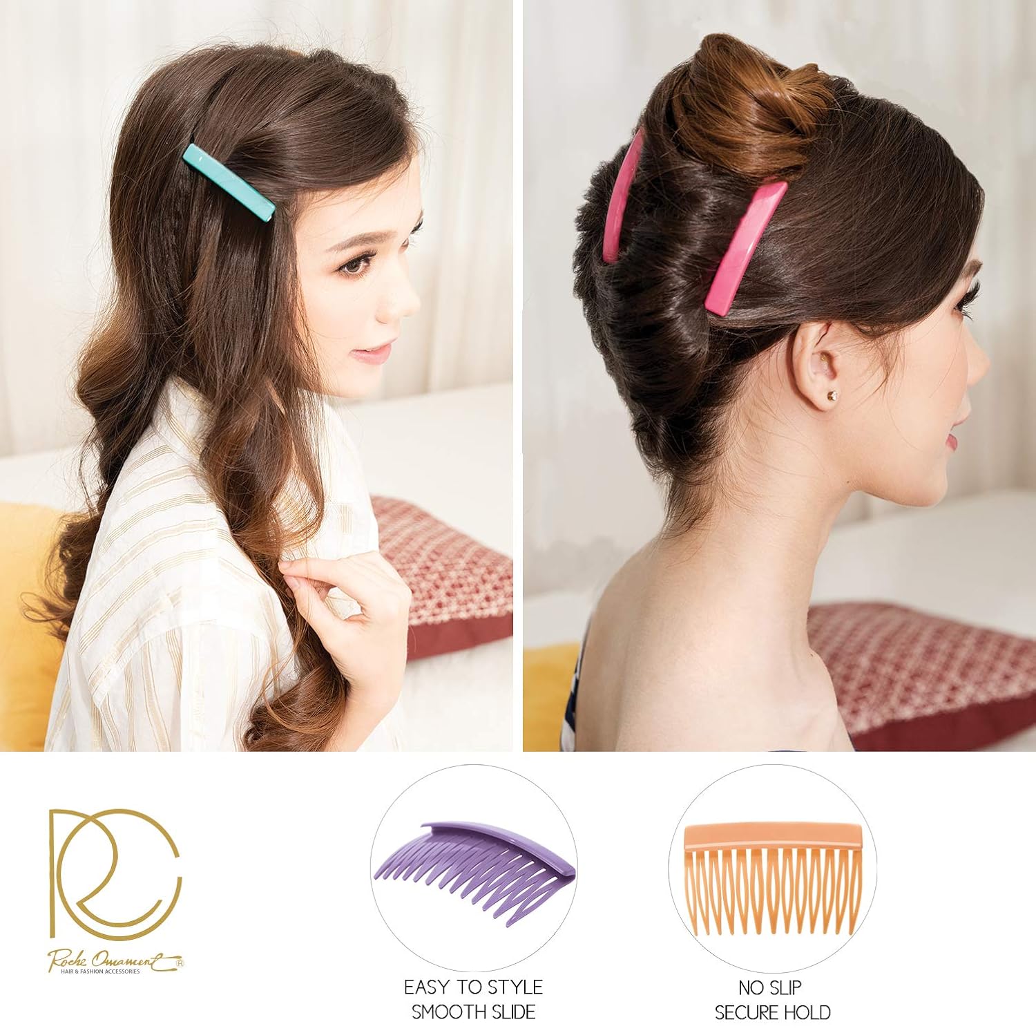 RC ROCHE ORNAMENT 12 Pcs Womens Girls Classic Side Slide Comb Premium Hair Accessory Pin Wide Teeth Solid Plastic Combs Bridal Pins Beauty Fashion Accessories, Medium Pastel Multicolor : Beauty