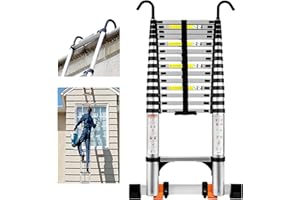 Wolec Telescoping Ladder, 14.5FT Aluminum Portable Extension Ladder w/Hooks, Stabilizers& Wheels, Heavy Duty 330lbs Max Capacity, Collapsible Telescopic Ladder for Rv, Roof, Attic, Outdoor -Silver