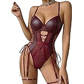 Avidlove Sexy Lingerie for Women Leather Teddy Lingerie Mesh Bodysuit Garter Belt Set S-XXL(No leg ring)