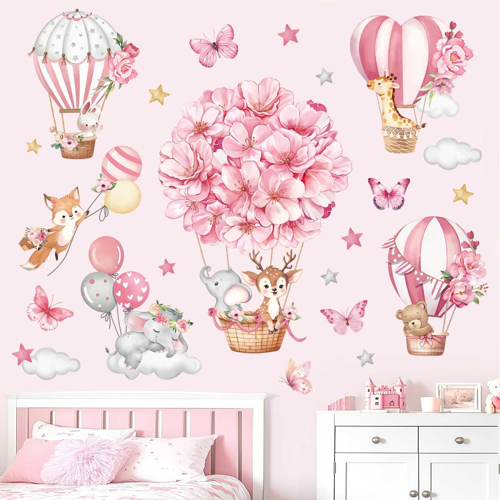 decalmile Pink Hot Air Balloon Animal Wall Decals Flowers Balloons Elephant Deer Fox Wall Stickers Girls Room Baby Nursery Kids Bedroom Wall Decor