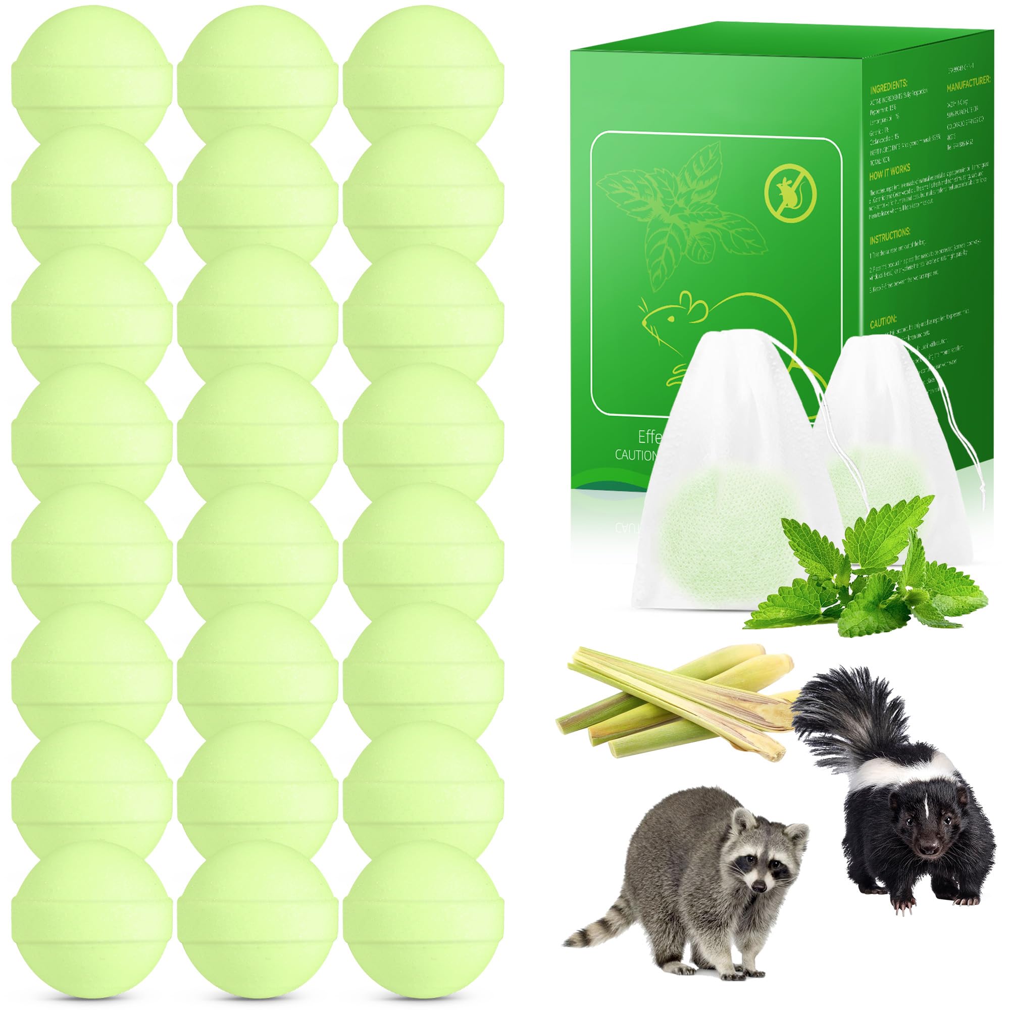 Photo 1 of 24 Pack Natural Raccoon Repellent - Peppermint Skunk Repellent for Outdoor Yard Attic Garden House | Long-Lasting Protection | Safe for Dogs and Children, Light Green