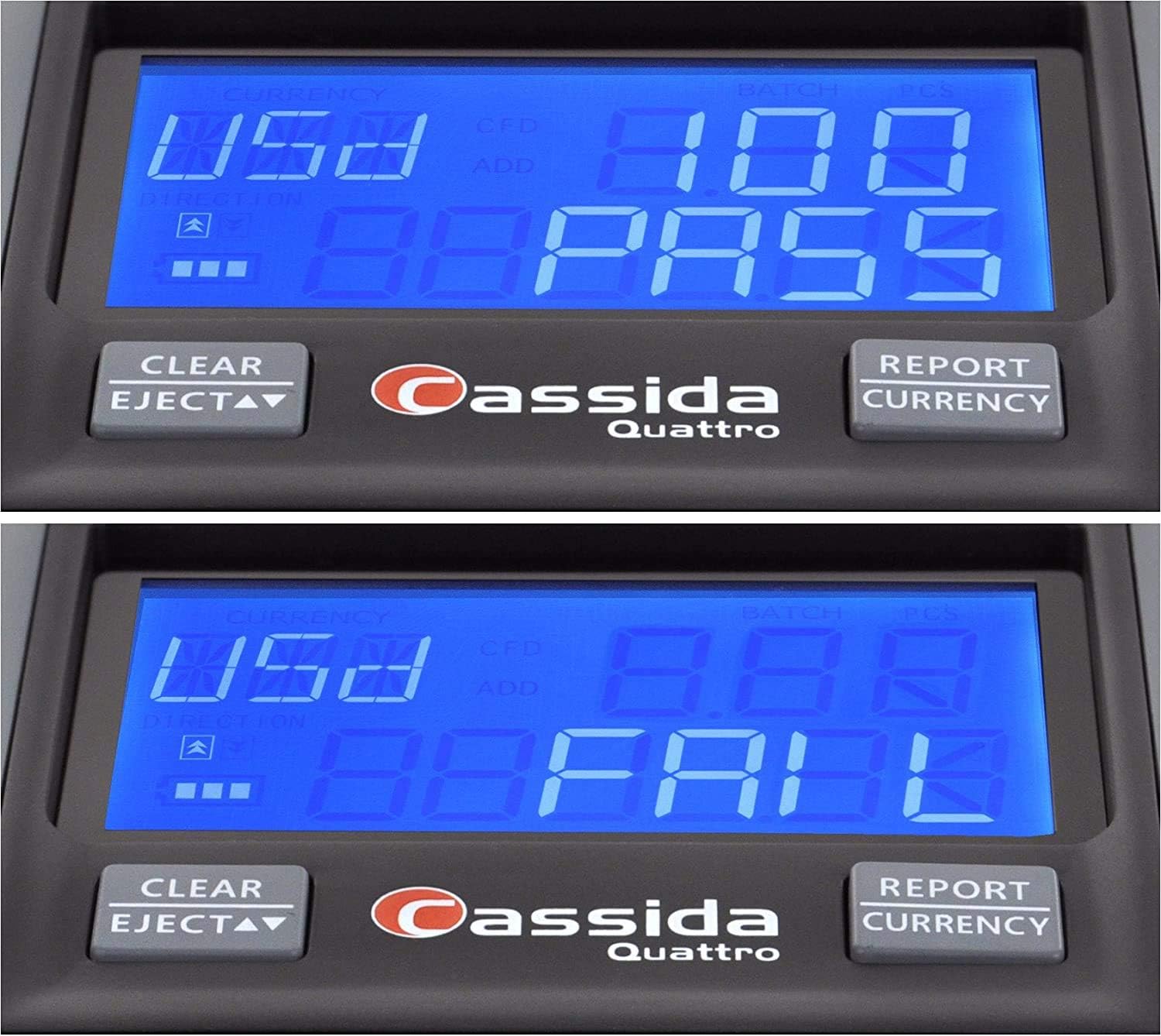Cassida Quattro Fast Automatic Currency Counterfeit Detector with Advanced Sensors (UV, MG, IR, MT, WT, Thickness, Size) - All-Orientation Feeding - Rechargeable Battery - 3.5" Value & Pass/Fail Display : Office Products