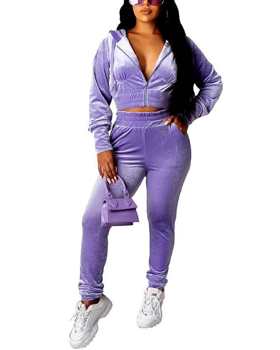 Buy Women Velour 2 Piece Outfits Soft Bodycon Hooded Jacket Pant