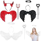 Maiteenly 3 Set Angel and Devil Halloween Costumes Set Black Dark and White Wings with Headband Wand Devil Wings with Wand Horn Headband for Halloween Dress up Outfit