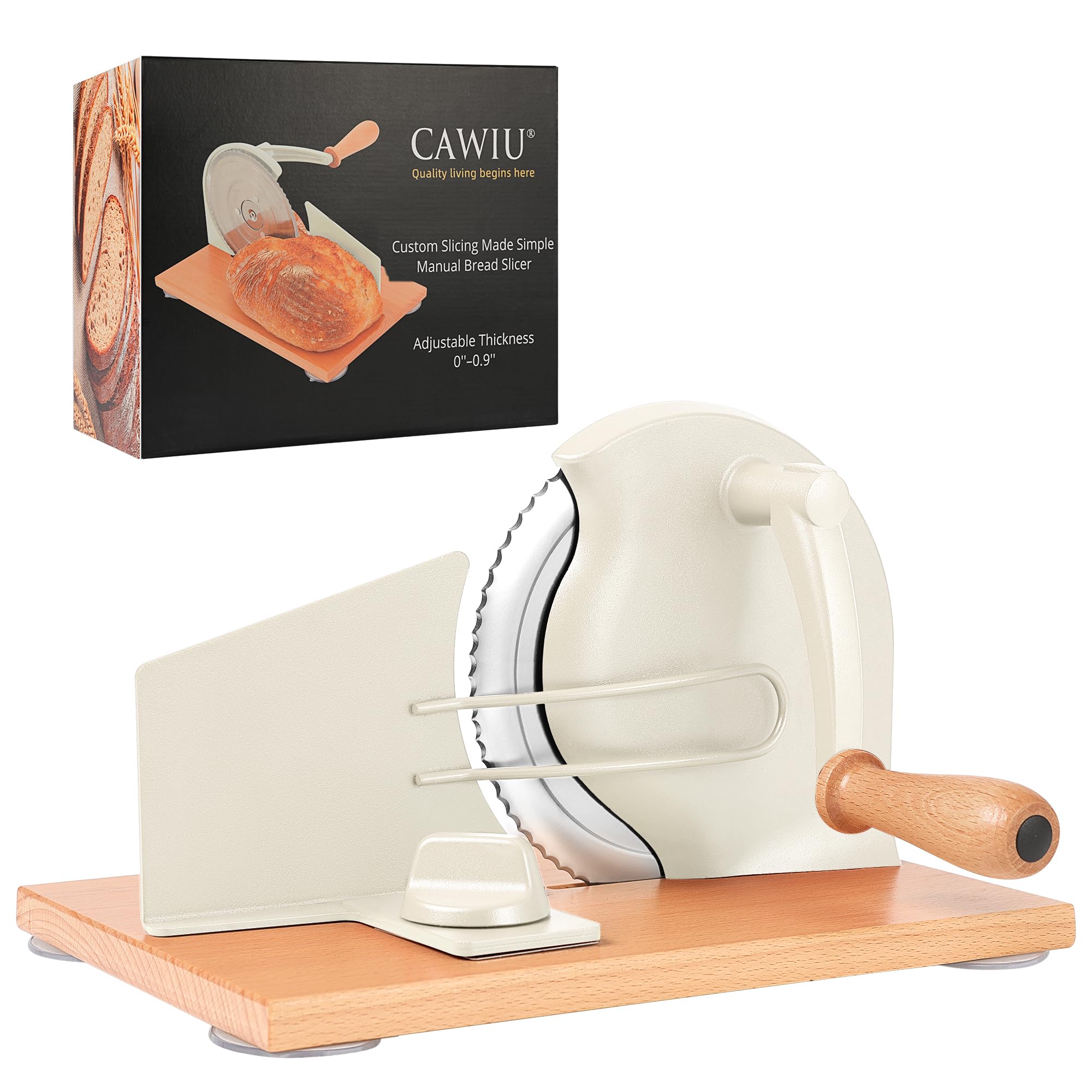CAWIU Upgraded Manual Bread Slicer for Homemade Sourdough, Adjustable Thickness Hand Crank Bread Cutter with Stainless Steel Blade, Slicing Guide, Suction Cups & Protective Cover (Cream)
