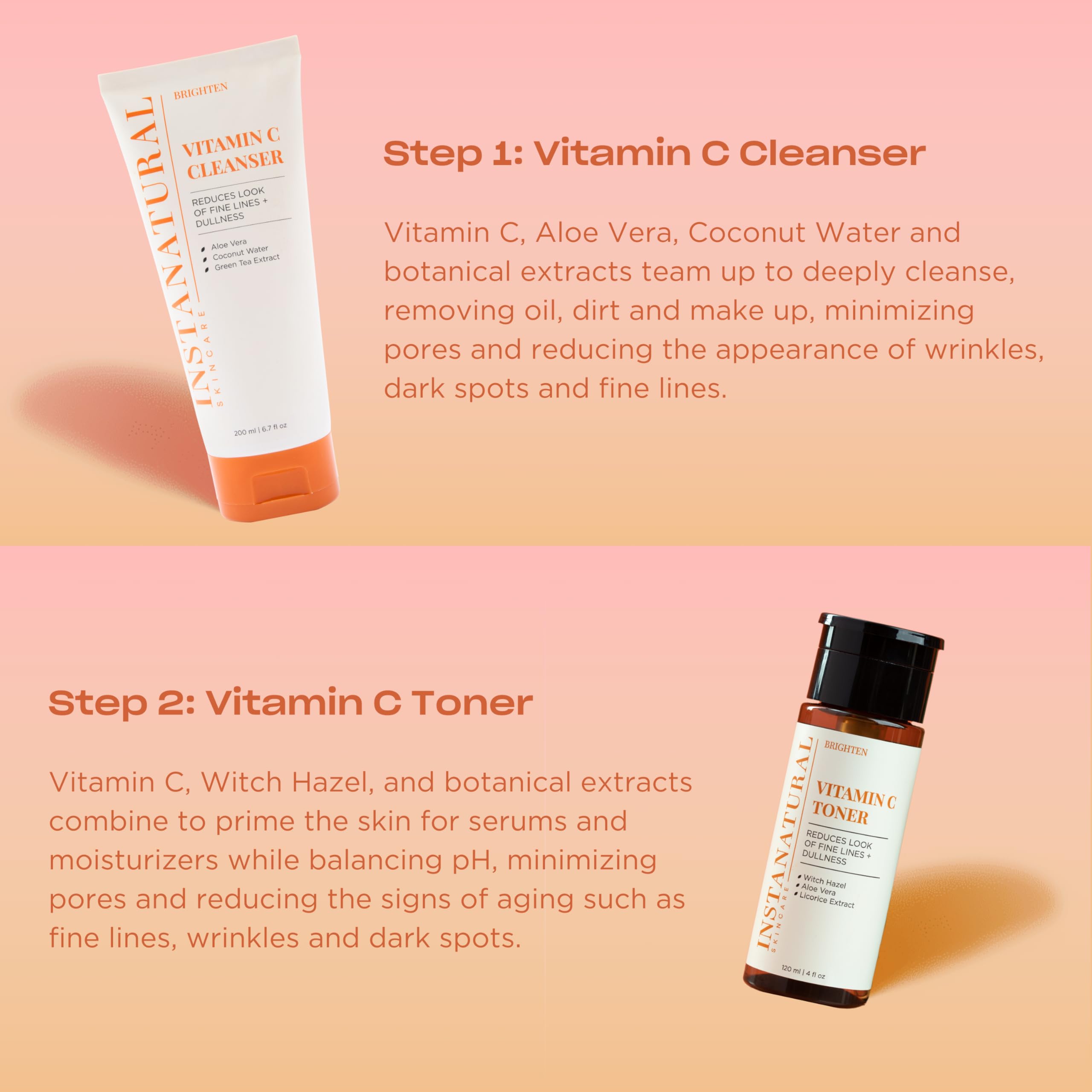 InstaNatural Vitamin C Four Step Skin Care Set with Face Wash, Toner, Serum & Moisturizer | All Natural Brightening & Hydrating Routine with Botanical Extracts – 1.68 Fl Oz (Pack of 4)