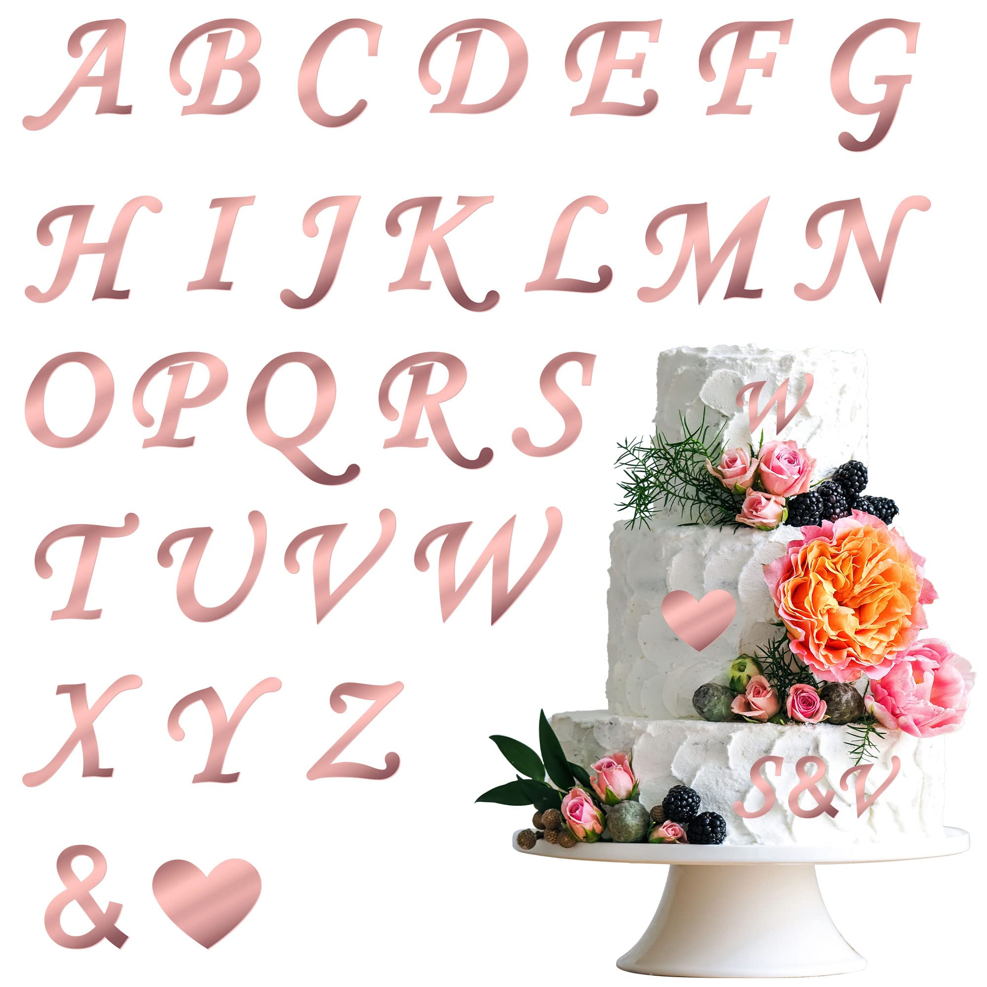 Gyufise 28Pcs Acrylic Alphabet Cake Topper DIY Custom Cupcake Toppers with A-Z Letter Picks for Personalized Name Cake Decorations Anniversary Baby Shower Happy Party Supplies (Mirrored Rose Gold)