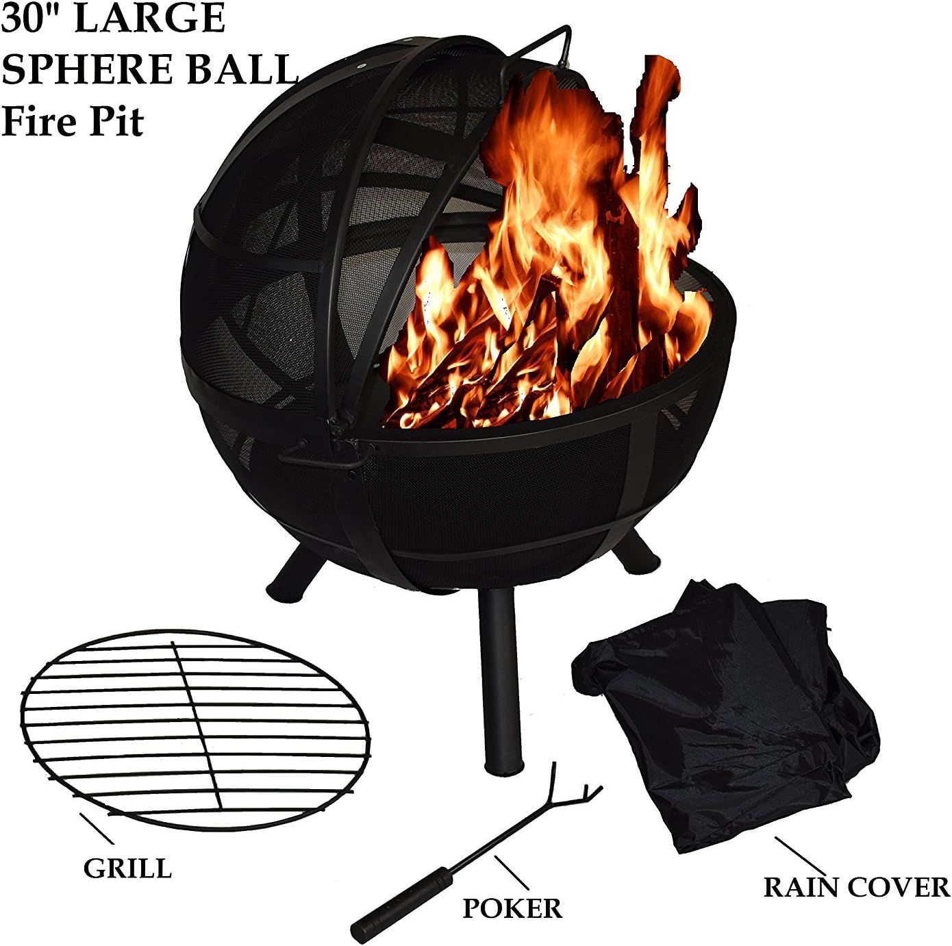 CozyFlame Sphere Fire Pit Ball Steel with stick grid and folding mesh