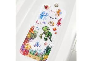 MJIAIDEA Kids Bath Mat for Tub,Extra Comfortable Non Slip Large Bathtub Mat for Baby Toddler,Massage Shower Mat with Suction Cups Drain Holes,Turtle 16"x40"