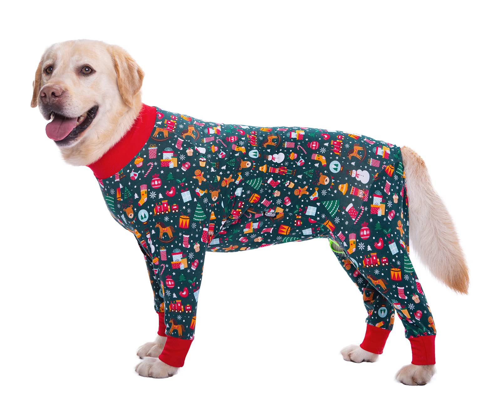 Pajamas Jumpsuit for Medium Large Dogs - Lightweight Cotton Dog Shirt - Anti-Hair Dog Onesies - After Surgery Recovery Clothes - Green Christmas — image 1