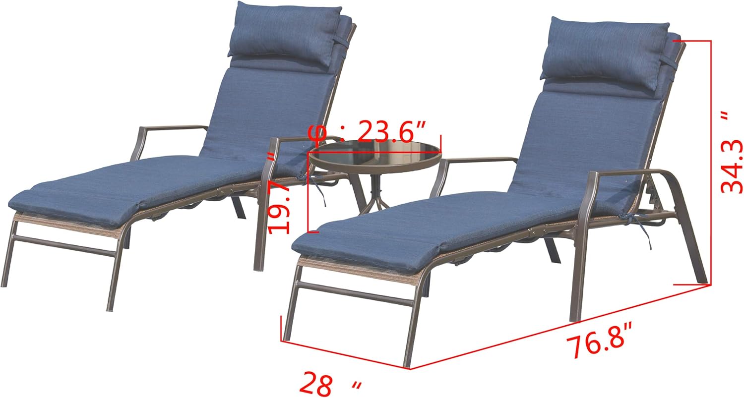 LOKATSE HOME 3 Pieces Outdoor Patio Chaise Lounge Chair Lounger Seating Furniture Set with Cushions and Table, Navy Blue : Industrial & Scientific