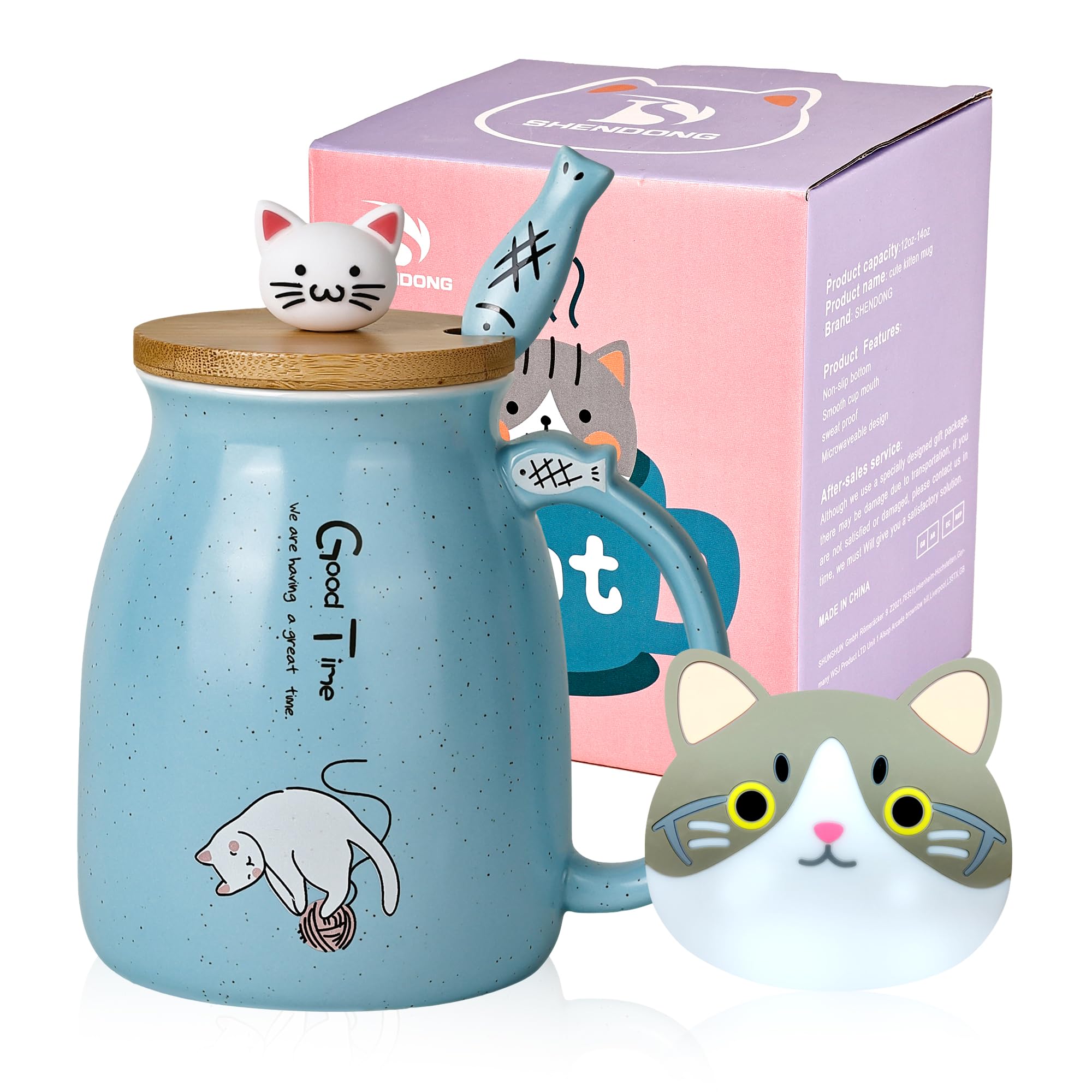 SHENDONG Cat Mug - Cute Ceramic Coffee Cup With Kawaii Wooden Lid and Lovely Stainless Steel Spoon - 3D Animal Novelty Morning Cup for Coffee, Milk, Tea - Gifts for Cat Lovers and Women (Blue)