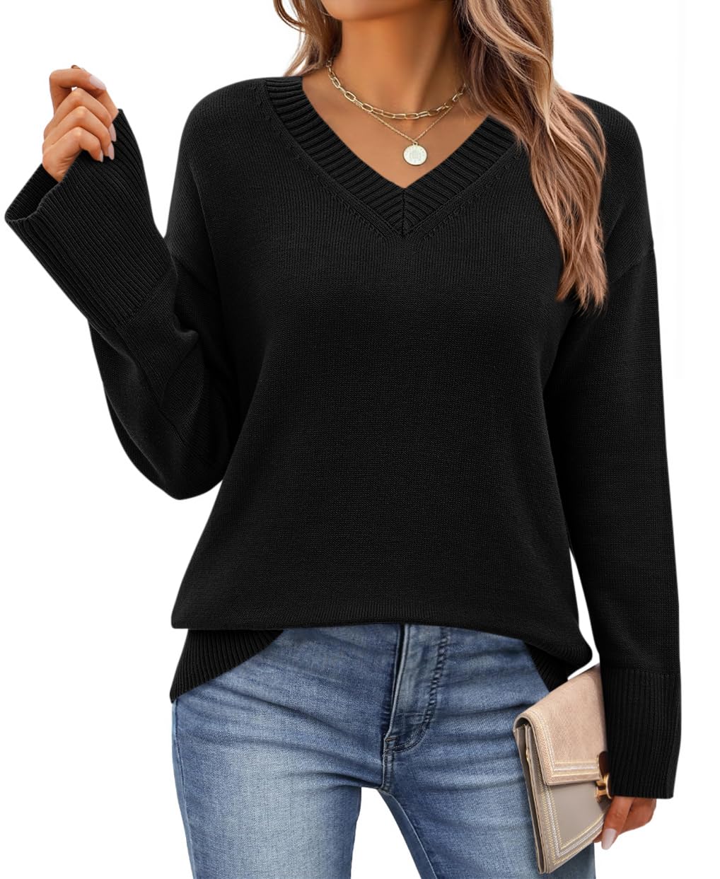 Photo 1 of PRETTYGARDEN Womens V Neck Sweaters Trendy 2026 Casual Long Sleeve Oversized Cozy Knit Pullover Sweater Lightweight Spring Tops (Black,M)