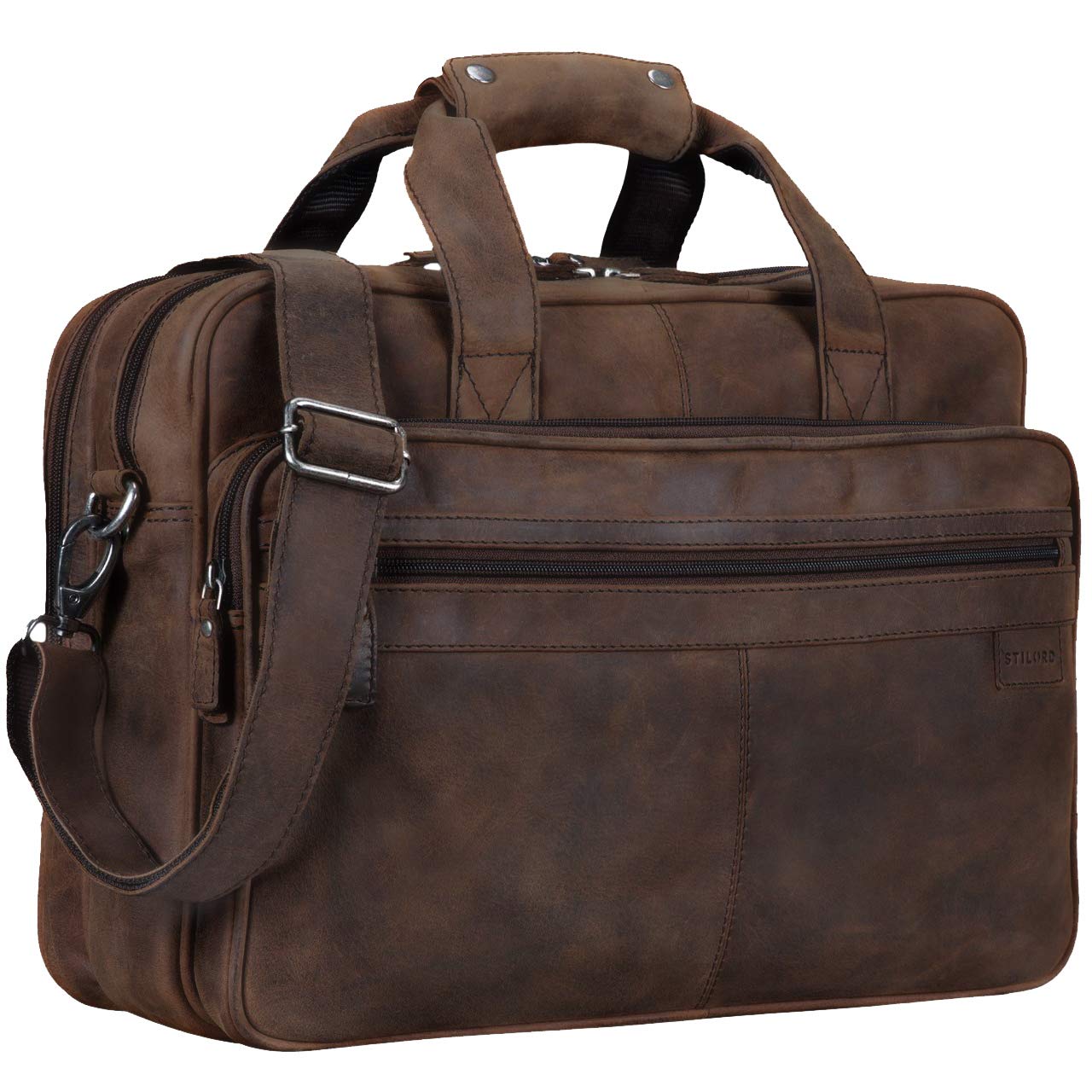 STILORD "Atlantis" Leather Business Bag Large Vintage Teacher Bag Large Leather Business Bag for Trolley Attachable Genuine Leather Colour:Missouri - Brown