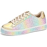 UUBARIS Women's Glitter Tennis Sneakers Neon Dressy Sparkly Sneakers Rhinestone Bling Wedding Bridal Shoes Shiny Sequin Shoes