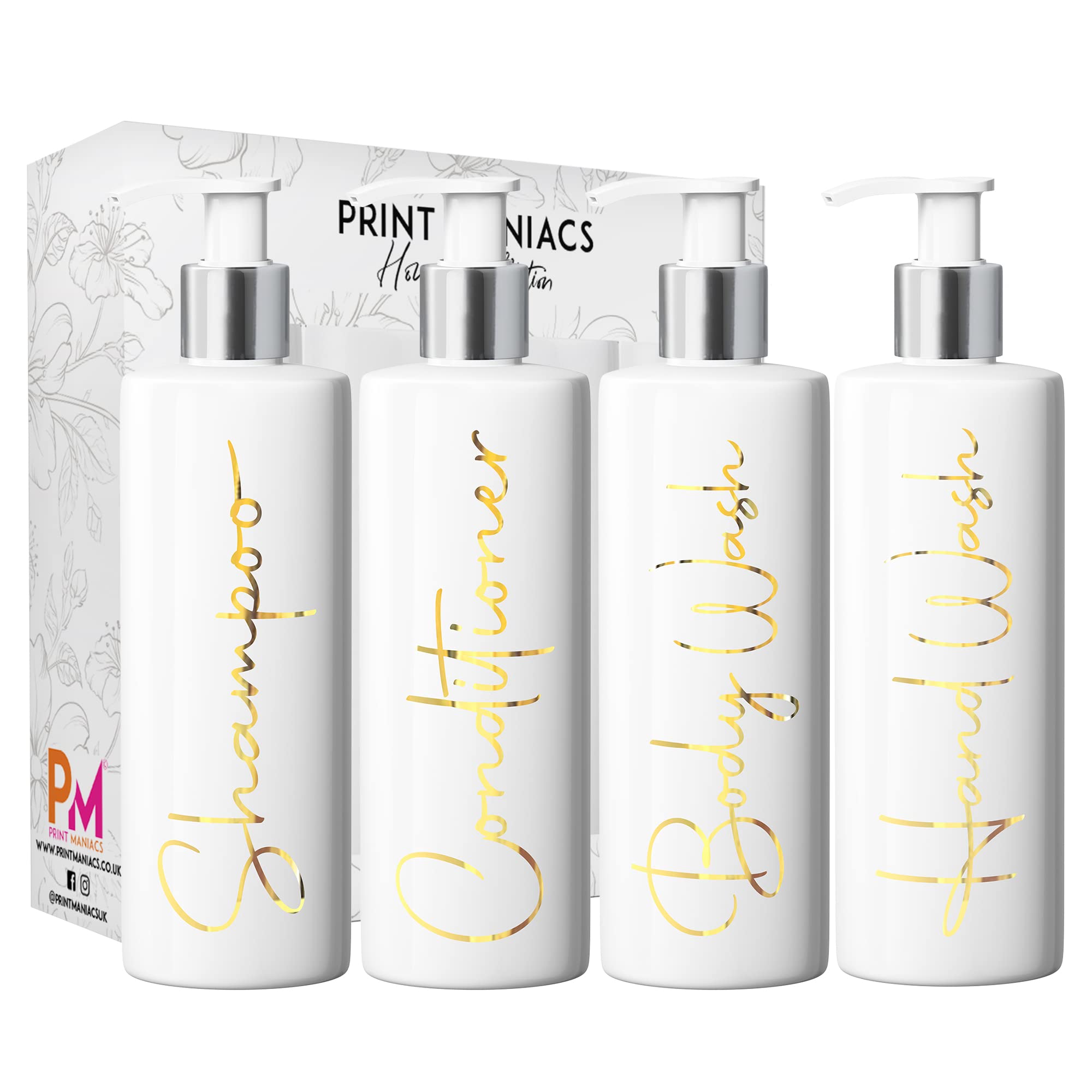 Print Maniacs White Mrs Hinch Inspired Personalised 500ml Pump Bottles Bathroom Lotion Kitchen Set Shampoo Conditioner ( Hand Wash Set , F2) (Gold)