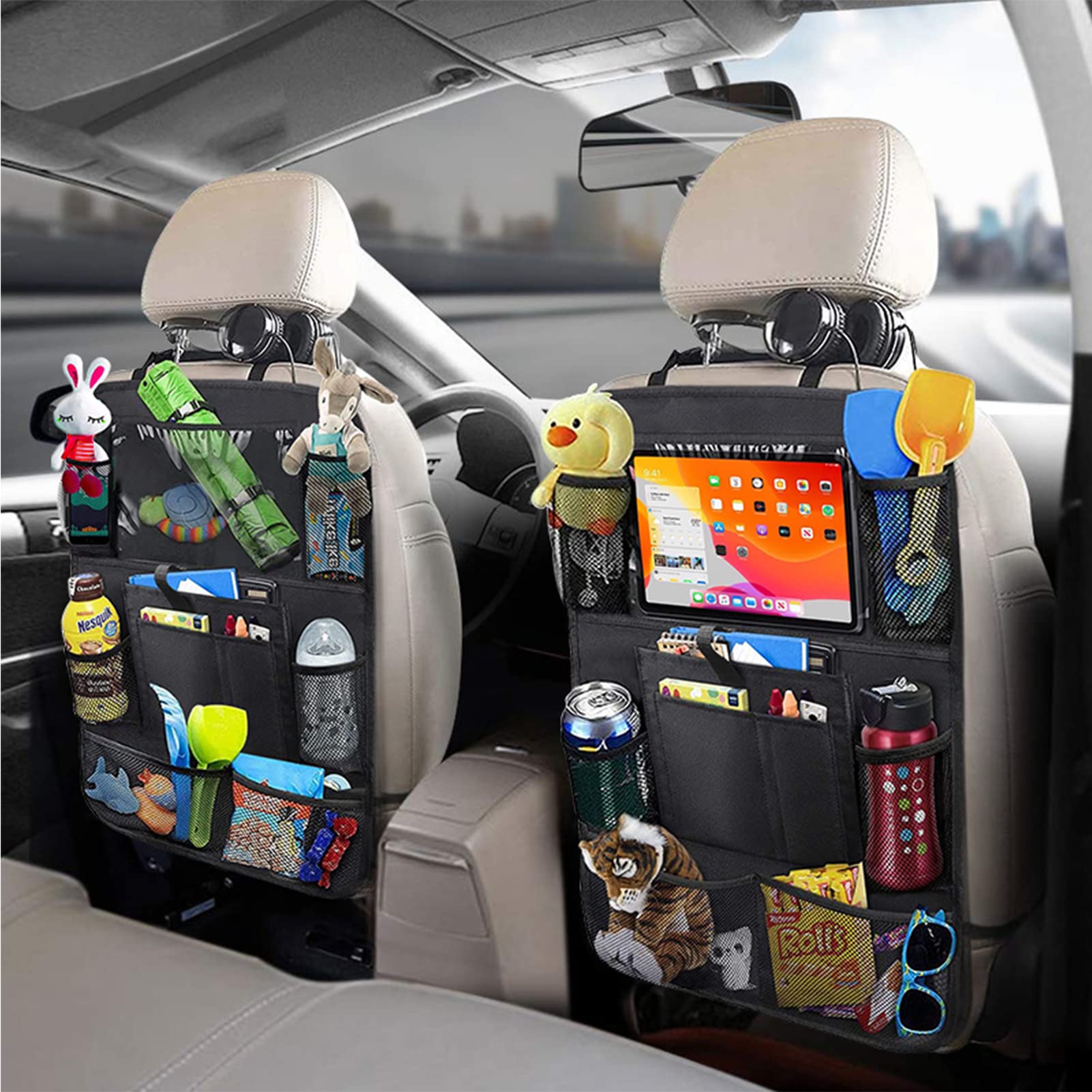 Car Storage Organizer 2 PCS,Car Backseat Organizer for Kids Durable Waterproof Oxford Fabric with Touchable Tablet Holder 8 Mesh Pockets and 2 Pockets for Snacks Toys,Car Travel Accessories