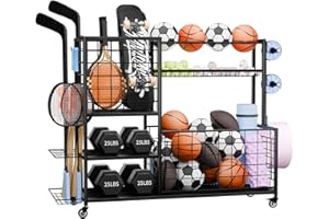 MULEJYBO XL Garage Sports Equipment Organizer, Ball Storage Rack with Wheels, Garage Sports Organizer with Hooks and Baskets, Rolling Sports Ball Organizer Cart for Sports Gear and Toys