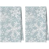 Artoid Mode Aqua Snowflakes Winter Bar Kitchen Towels, 12x24 Inch Quick Dry Microfiber Cloth Dish Towels for Kitchen Drying Set of 2