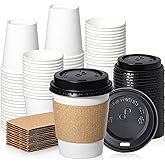 Fit Meal Prep 50 Pack 8 oz Disposable Coffee Cups with Lids, Sleeves, Leak-Proof To Go Coffee Cups with Lids, Durable Paper Cups for Hot Beverage, Home, Office, Party