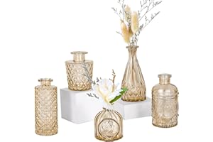 TBWIND Glass Bud Vase Set of 5, Small Amber Flower Vases for Centerpieces in Bulk, Mini Vintage Vase for Wedding Decor, Single Flowers, and Home Table Décor