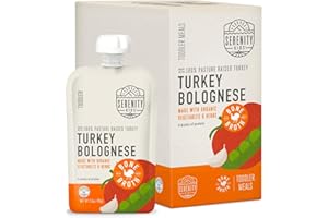 Serenity Kids Bone Broth Puree Made with Organic Veggies - Clean Label Project Purity Award Certified - 3.5 Ounce BPA-Free Pouch - Free Range Turkey Bolognese - 6 Count - Baby Food Turkey Bone Broth