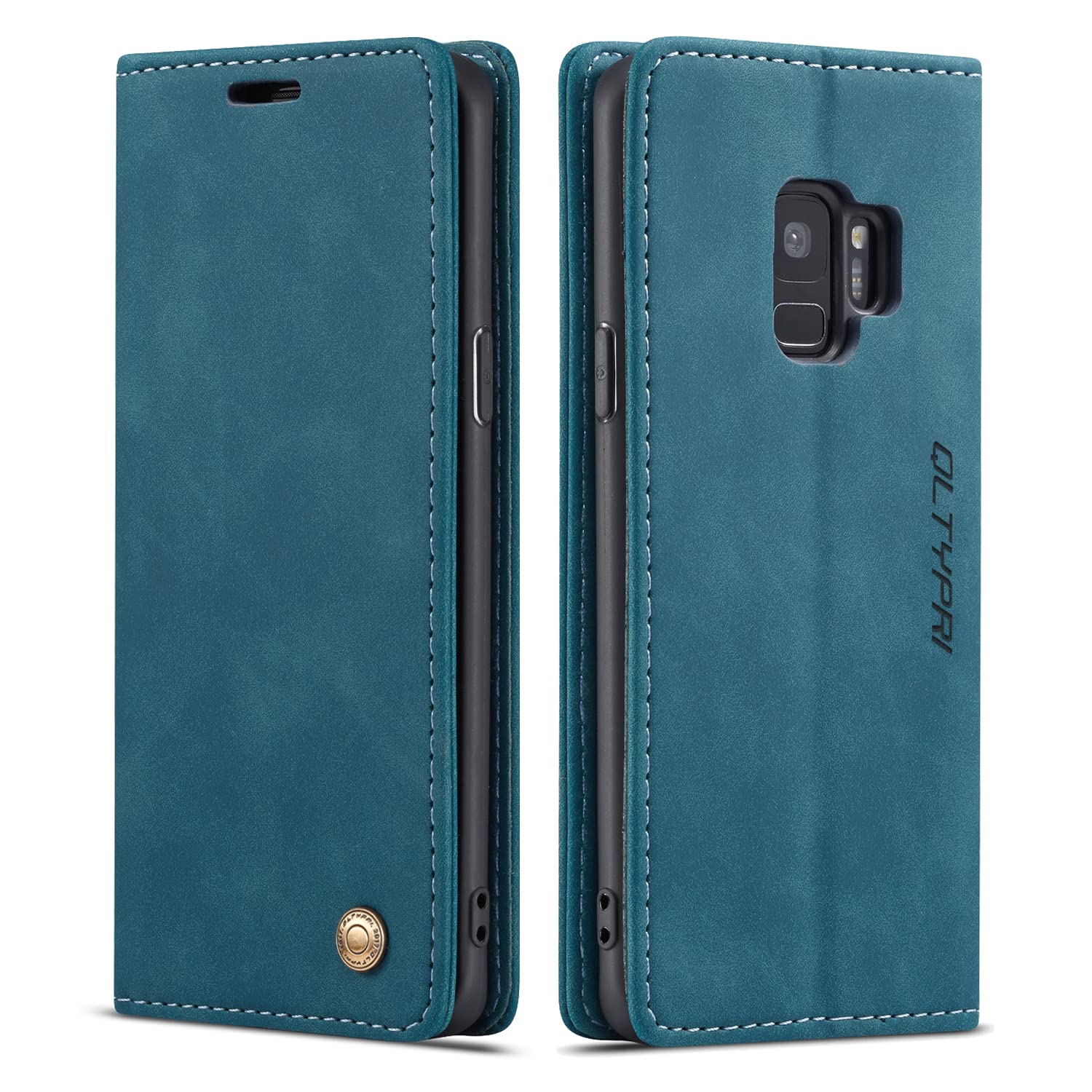 QLTYPRI Case for Samsung Galaxy S9, Vintage PU Leather Wallet Case Card Slot Kickstand Magnetic Closure Shockproof Flip Folio Case Cover for Samsung Galaxy S9 - Blue