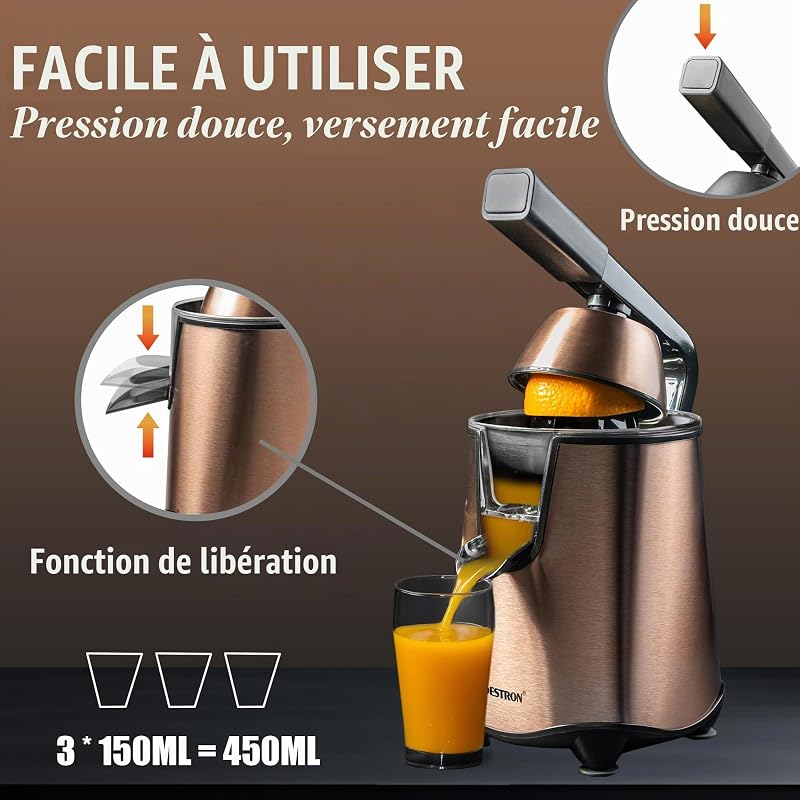 Presse-agrumes électrique, avec fonction d'arrêt de sortie et passoire à pulpe en acier inoxydable, avec 2 cônes de pressage, capacité de 450 ml, levier Soft-Press pour une utilisation facile