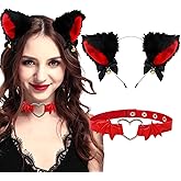 Amariver Fax Cat Ear Headband and Red Leather Choker with Heart Animal Headband for Halloween Cosplay Accessories Set for Theme Party Fluffy Cat Ear Hair Band with Bells