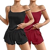Ekouaer 2 Pack Womens Cami Pajama Sets Cute Print Tank Top Pjs and Shorts Camisole Lounge Set