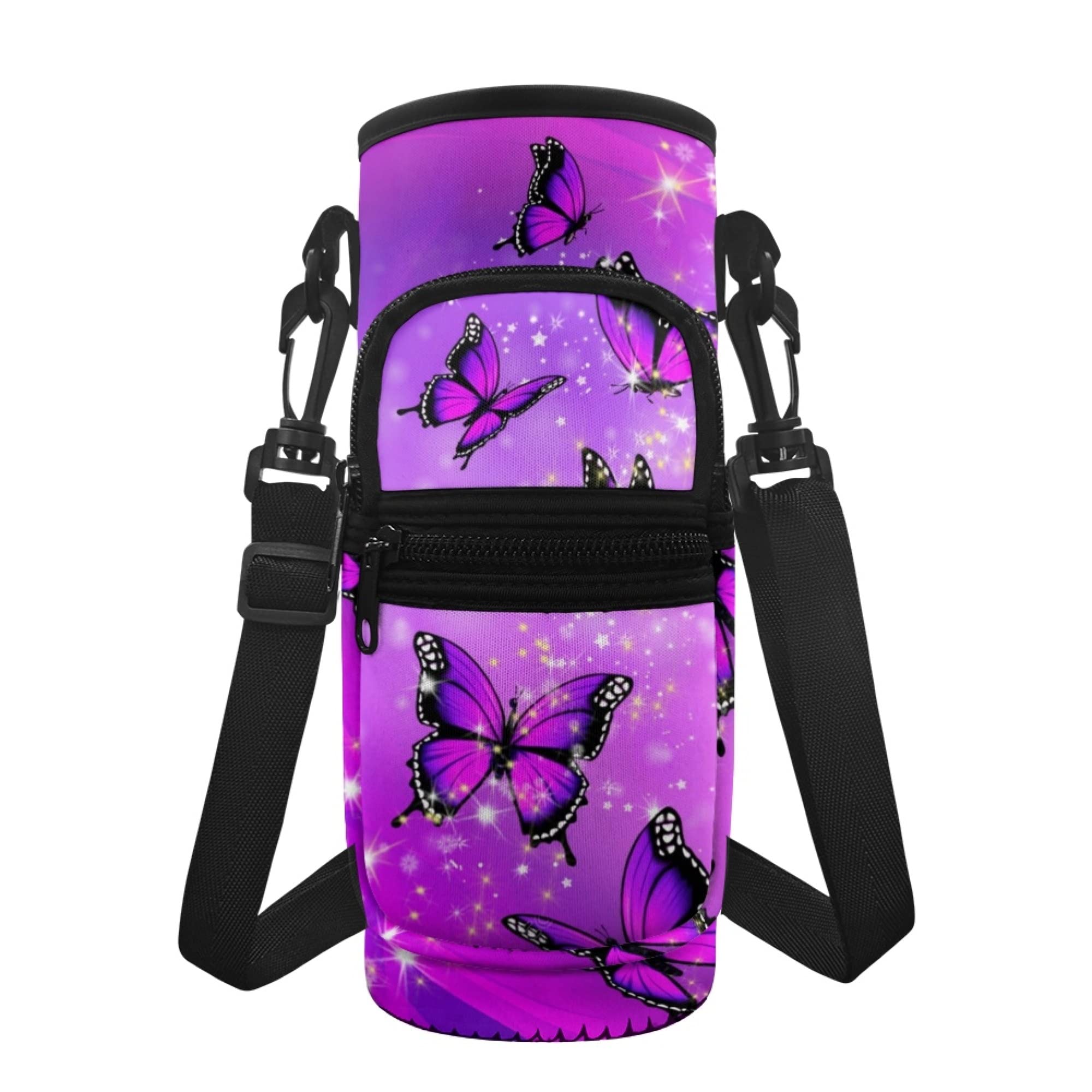 chaqlin Crystal Butterfly Water Bottle Carrier Bags for Girls Womens,Purple Butterfly Design Water Bottle Holder Sports Water Bottle Cover Bags Insulated Crossbody Pocket Bag for Kids Adult