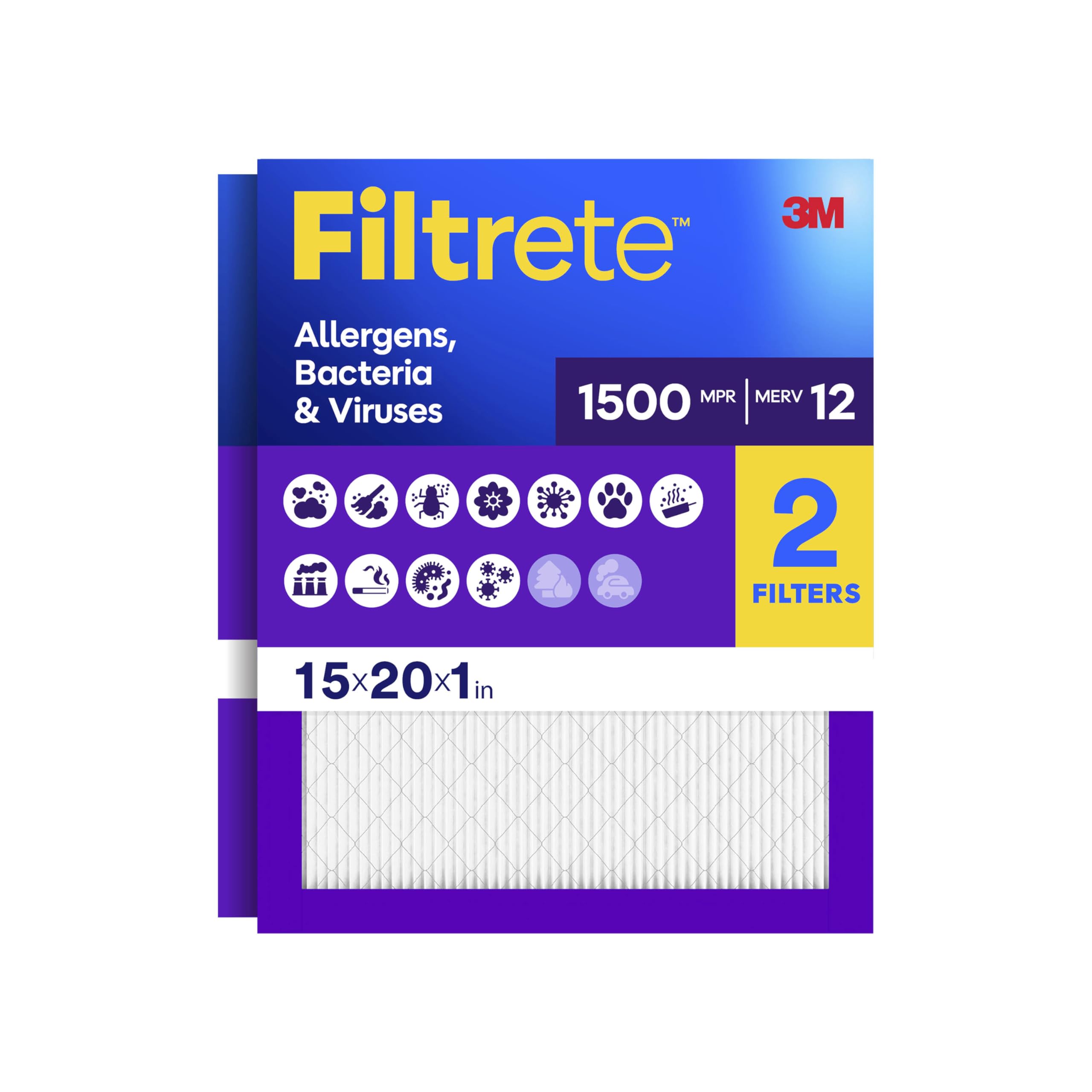 Filtrete 15x20x1 Air Filter, MERV 12, MPR 1500, Allergens, Bacteria & Viruses, 3-Month AC and Furnace Filters, Cleaner Air, Reliable Airflow, 2 HVAC Filters (Actual Size 14.81 x 19.81 x 0.78 in)