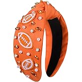 Crystal Pearl Knotted Sports Headband - Jeweled Wide Top Knot Hair Accessory for Women (Football, Baseball, Game Day, Football White & Orange)