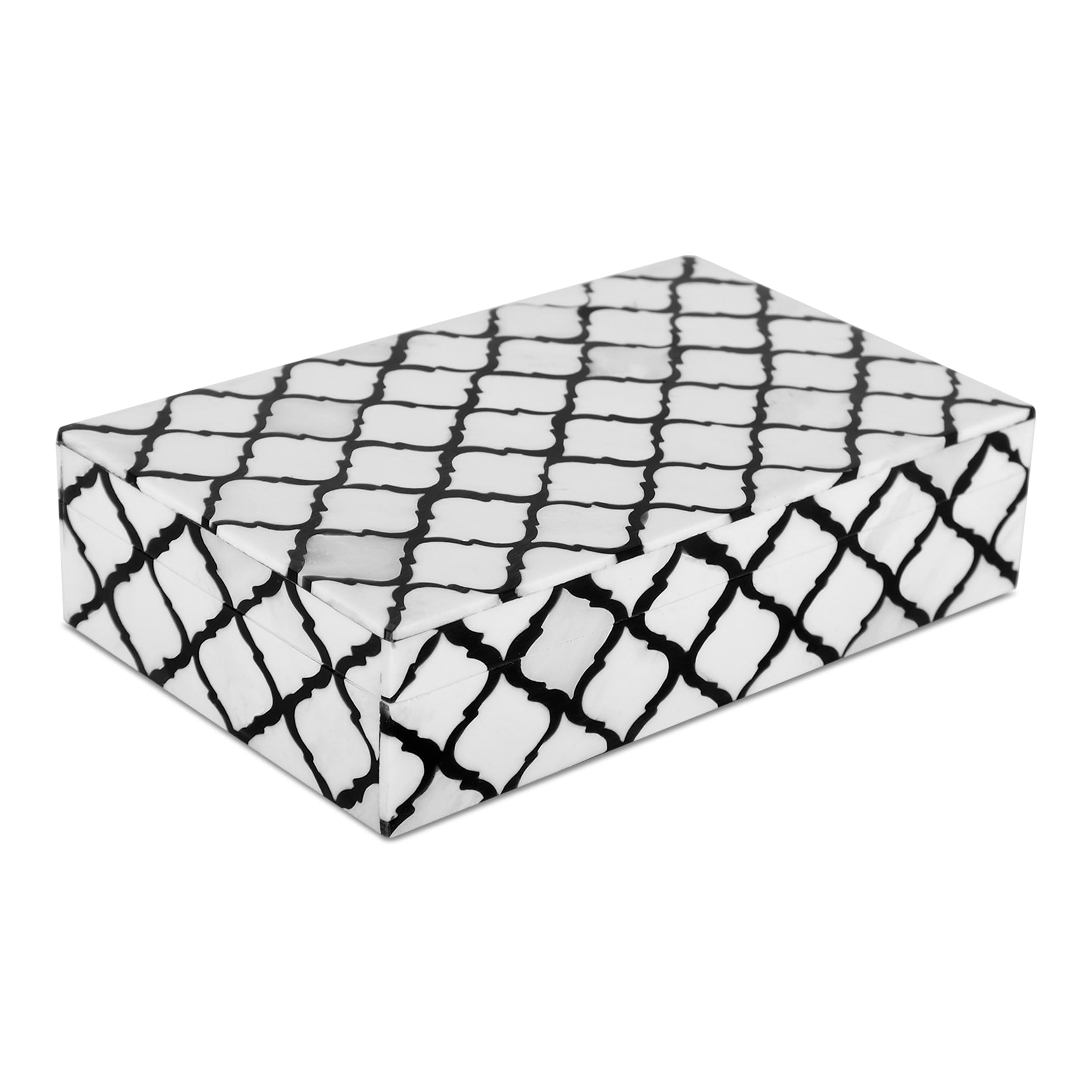 Handicrafts Home Small Decorative Storage Box with Lid, Moroccan Jewelry Keepsake Trinket Box Organizer, Wooden Coffee Table Dresser Storage Box, Black & White, 8 x 5 x 2 Inch, Moroccan Collection