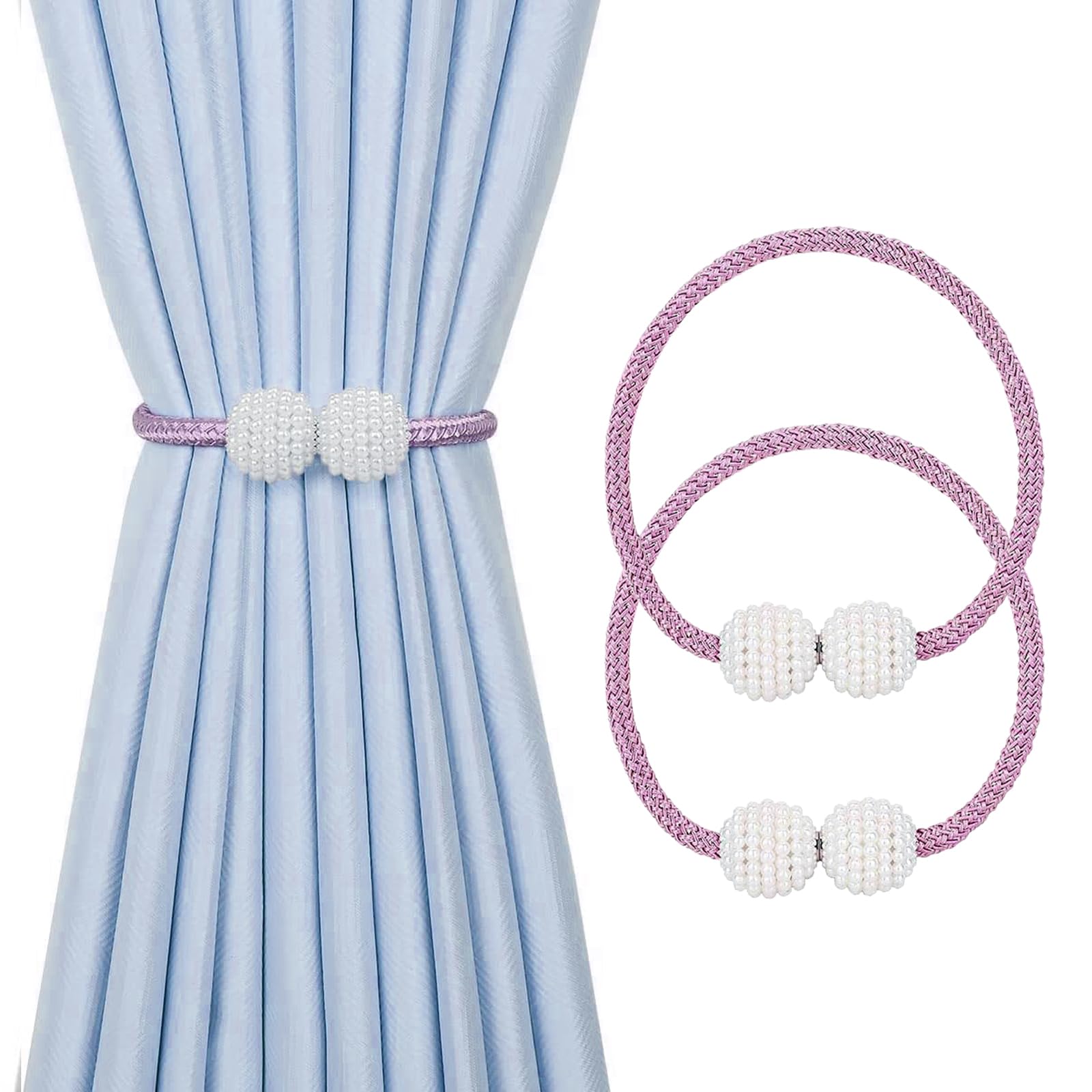 Magnetic Curtain Tie Backs, Magnetic Curtain Clips Rope Curtain Holder Buckles Small Bead Curtain Buckle Clips Rope Holders for Home Office Hotel Window Decoration (Purple, 2-PACK)