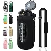 chunmo Half Gallon 64oz Glass Water Bottle with Straw and Storage Sleeve Motivational Water Bottle with Strap and Time to Drink 2L Leakproof Reusable Water Jug for Fitness Gym and Outdoors