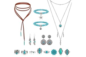 Yowivon Western Jewelry for Women, Bohemian Turquoise Necklace, Vintage Earrings and Bracelet,Drop Dangle Earrings Summer Jewelry Layered Necklaces Layered Bracelets