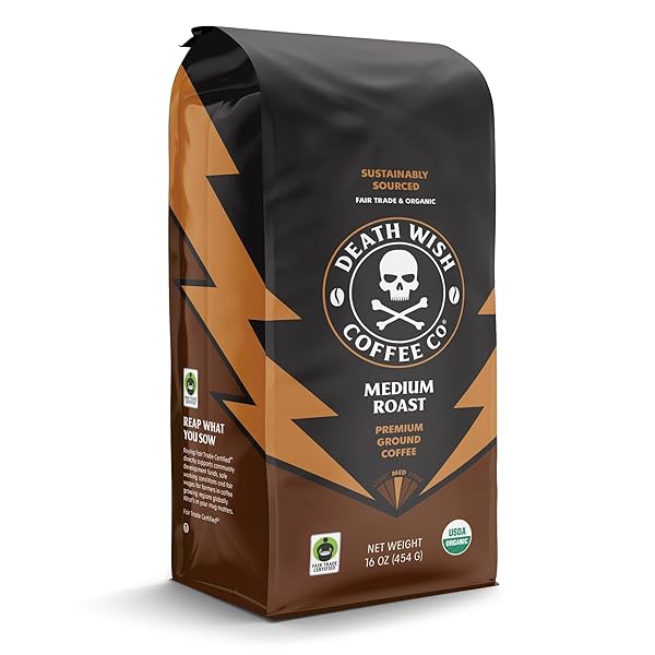 DEATH WISH COFFEE CO., ORGANIC AND FAIR TRADE MEDIUM ROAST GROUND COFFEE, 16 OUNCE (PACK OF 1)