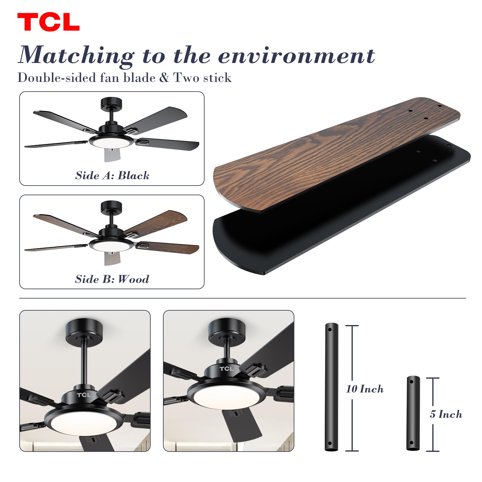 TCL Ceiling Fans with Lights, 52 Inch Ceiling Fan with Light and Remote Control, Reversible DC Motor, Noiseless, Dimmable 36W LED, Modern Ceiling Fan for Bedroom Living Room (Black)