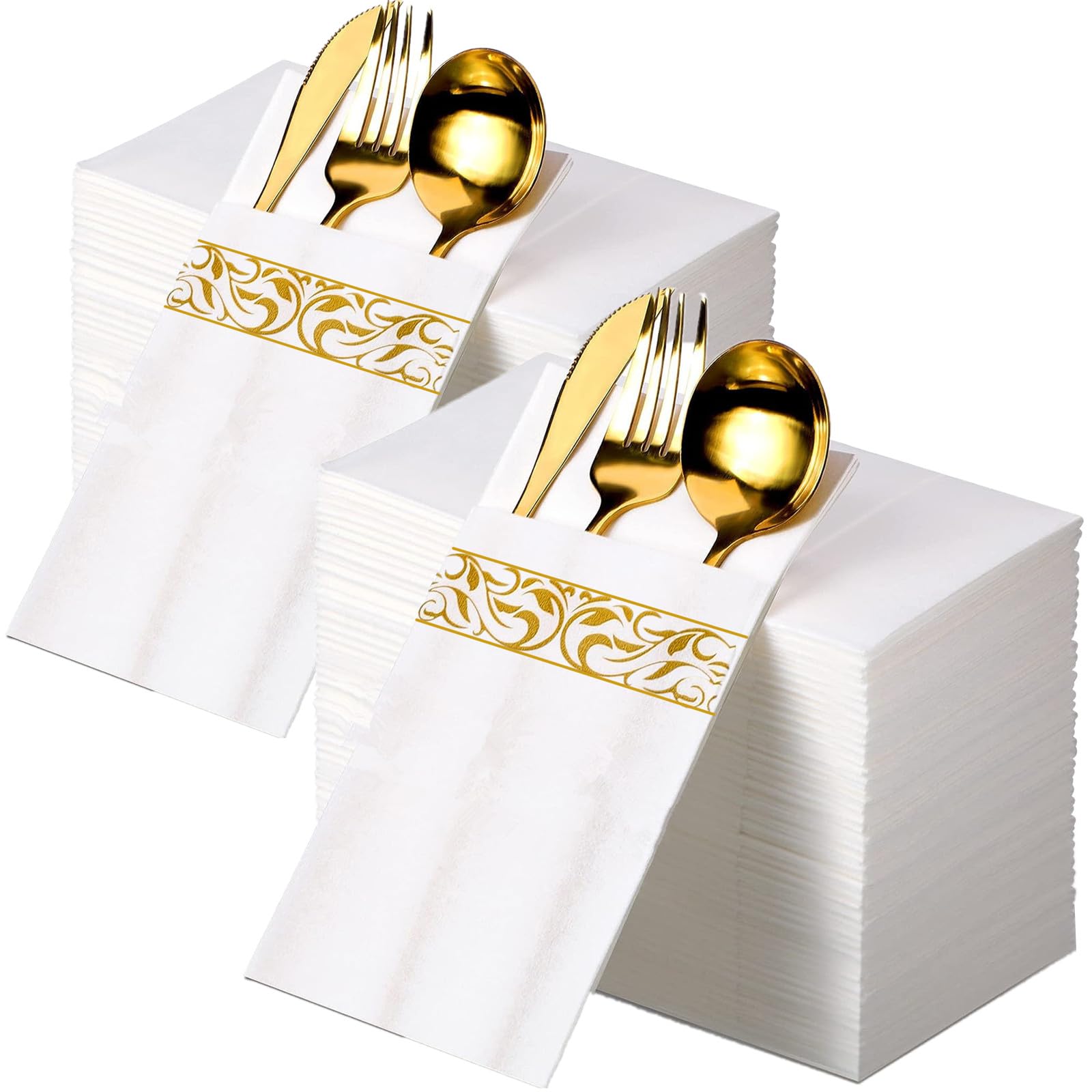 CHEERDO Disposable Dinner Napkins Pocket for Flatware Cloth Like Linen Feel Absorbent Paper Hand Parties Weddings Dinners or Events (Gold 100)