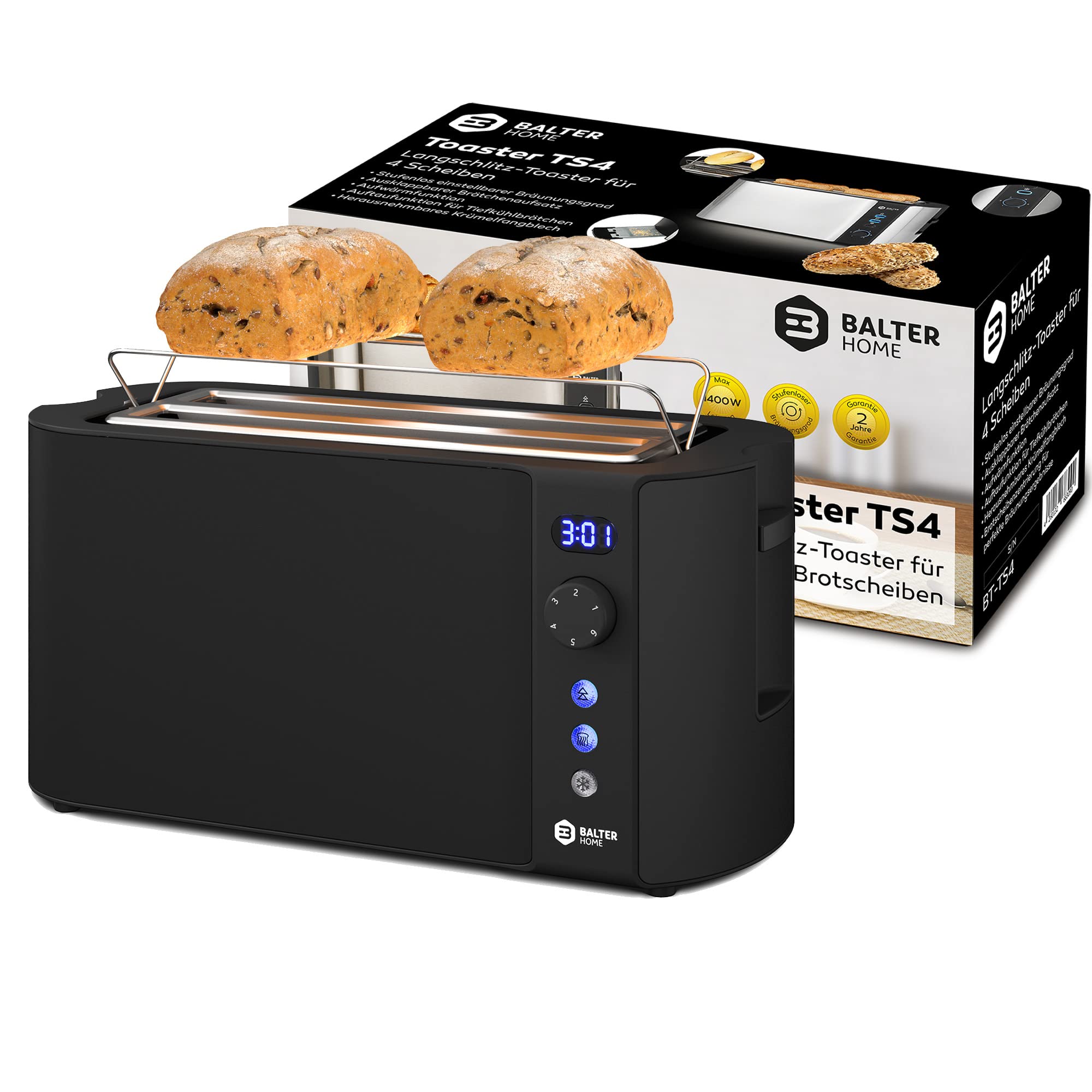 Balter Toaster 4 Scheiben, Langschlitz, Edelstahl, Brötchenaufsatz, LCD Display mit Restzeitanzeige, Auftaufunktion, Brotzentrierung, Krümelschublade, TS-04-LCD, Farbe: Schwarz 8