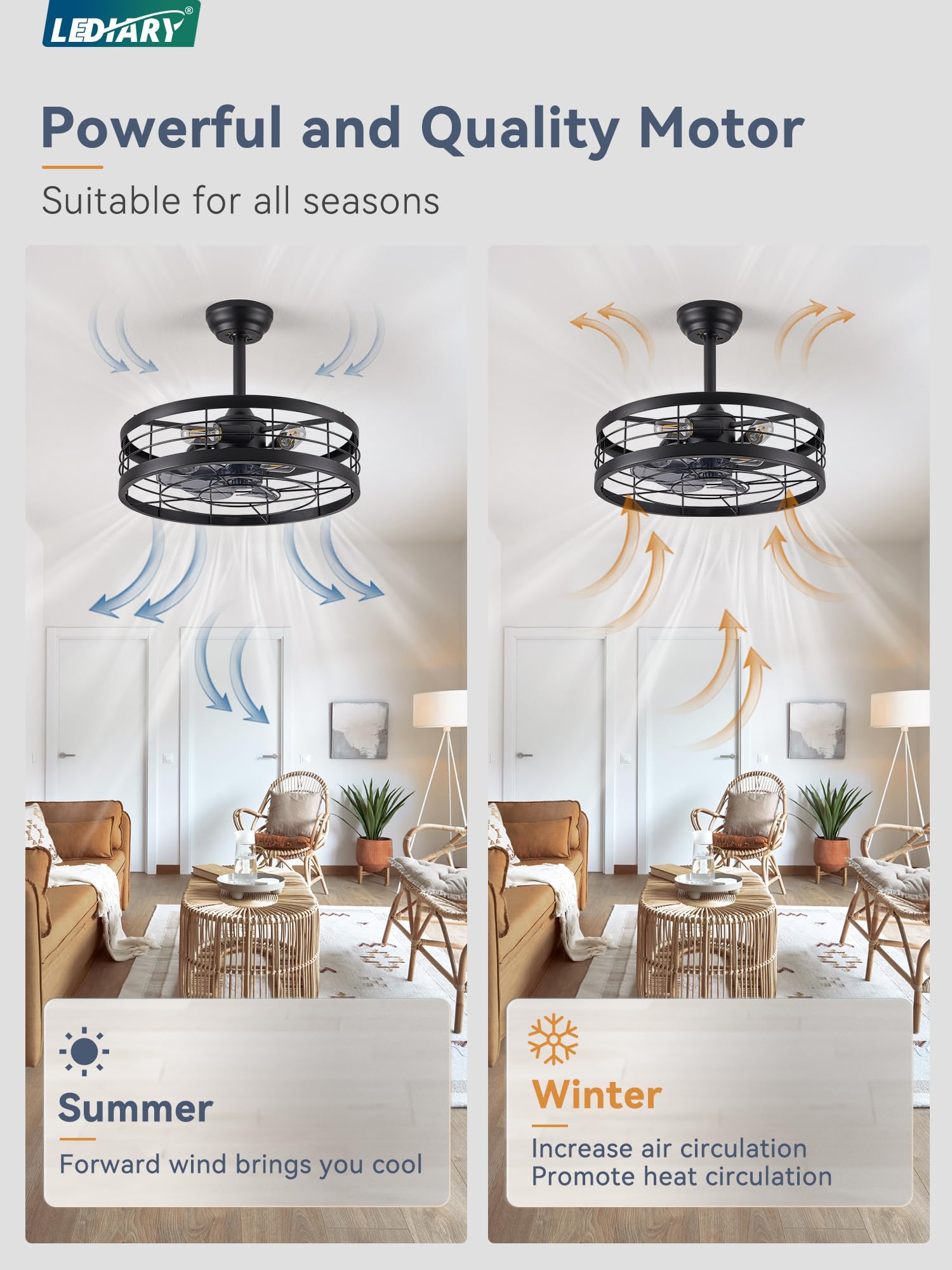 LEDIARY 20 inch Fandelier Caged Ceiling Fan with Light, Bladeless Ceiling Fan with Remote, Farmhouse Fan Lights Ceiling Fixtures for Kitchen, Bedroom, Outdoor(6 Speed, Timing)-Black