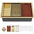 Sarlai 33 Undermount Sink Gold Stainless - 33" x19" Kitchen Sink Ledge Workstation Gold 16 Gauge Stainless Steel Deep Single Bowl Under Counter Rectangular Kitchen Sinks Basin