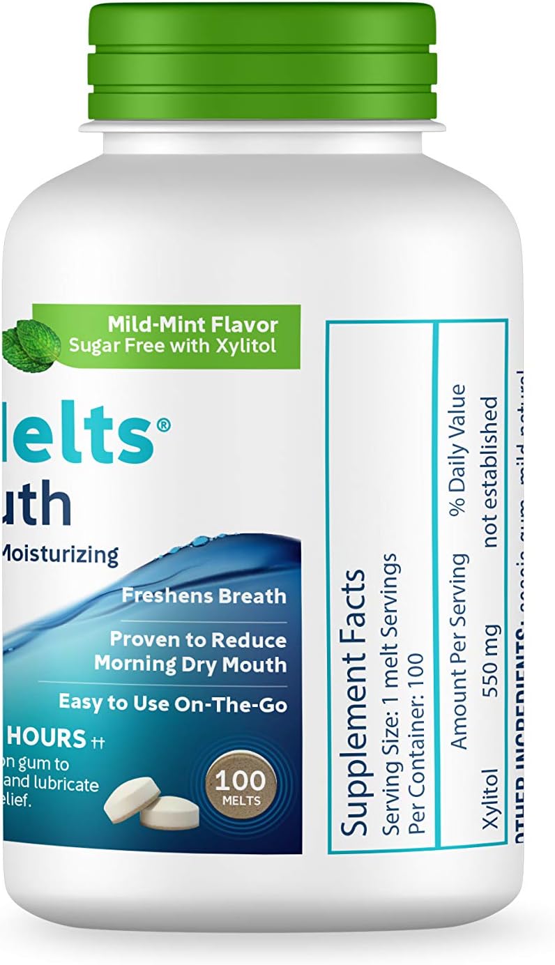 OraCoat XyliMelts Dry Mouth Relief Moisturizing Oral Adhering Discs Mild Mint with Xylitol, For Dry Mouth, Stimulates Saliva, Non-Acidic, Day and Night Use, Time Release for up to 8 Hours, 100 Count: Health & Personal Care